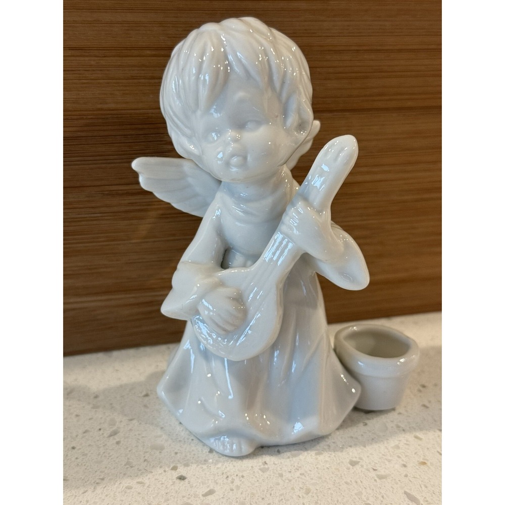 Goebel Angel playing mandolin with wings white porcelain candle holder
